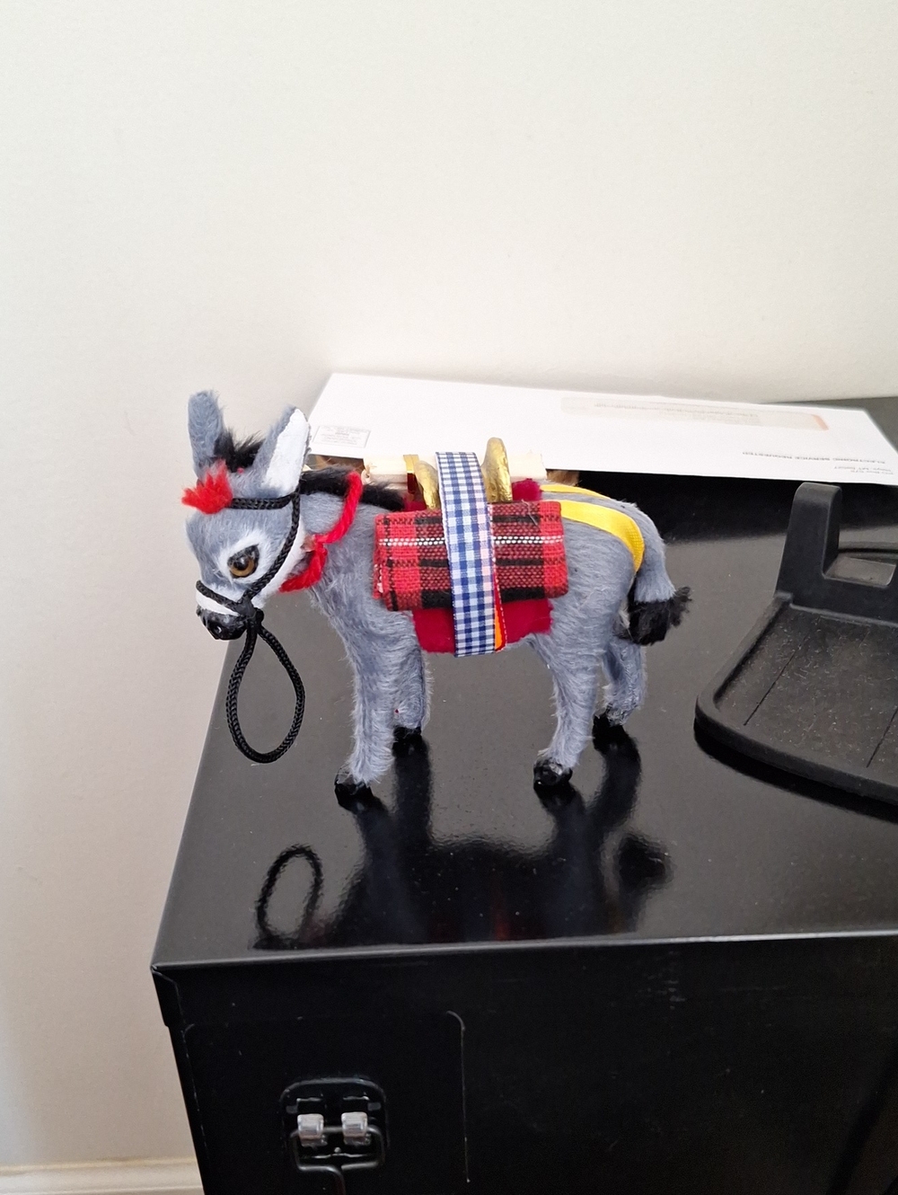 Gray Donkey Figurine with Red Plaid Saddle